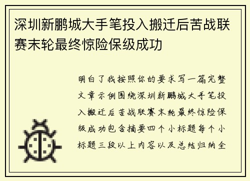 深圳新鹏城大手笔投入搬迁后苦战联赛末轮最终惊险保级成功 深圳新鹏城大手笔投入搬迁后苦战联赛末轮最终惊险保级成功