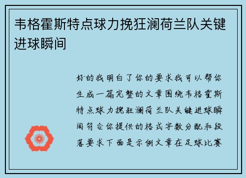 韦格霍斯特点球力挽狂澜荷兰队关键进球瞬间